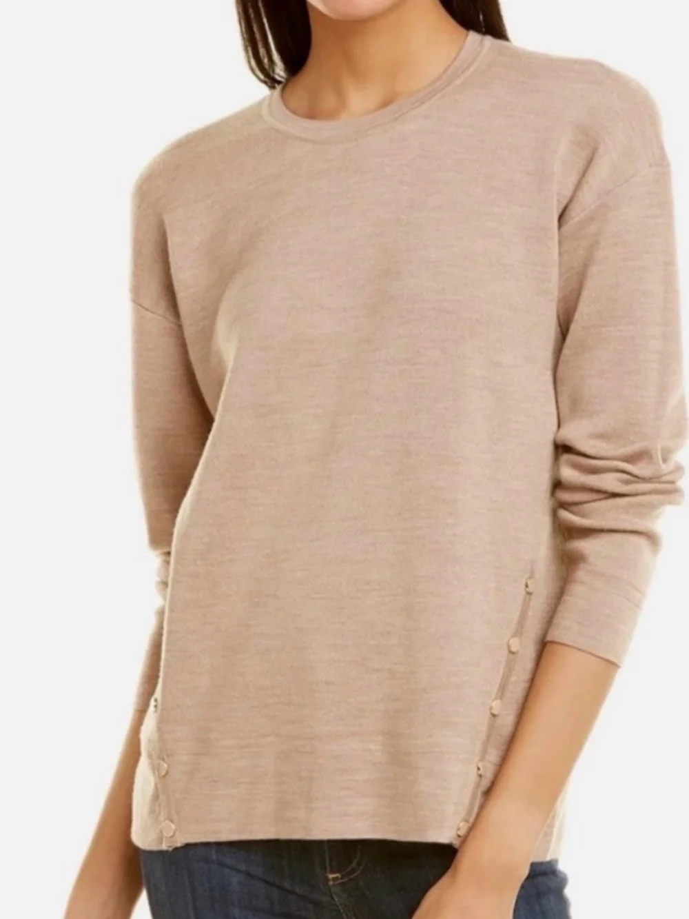 J.McLaughlin Lucie 100% Merino Wool Button Sleeve Crew Neck Sweater Taupe Size S